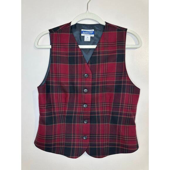 Vintage Y2K Womens Pendleton Red Plaid Dark Academia Preppy Wool Button Vest 6P - Picture 1 of 6